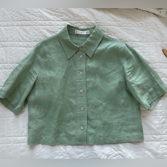Mango Short Sleeve Linen Button Green Shirt - Picture 8 of 10